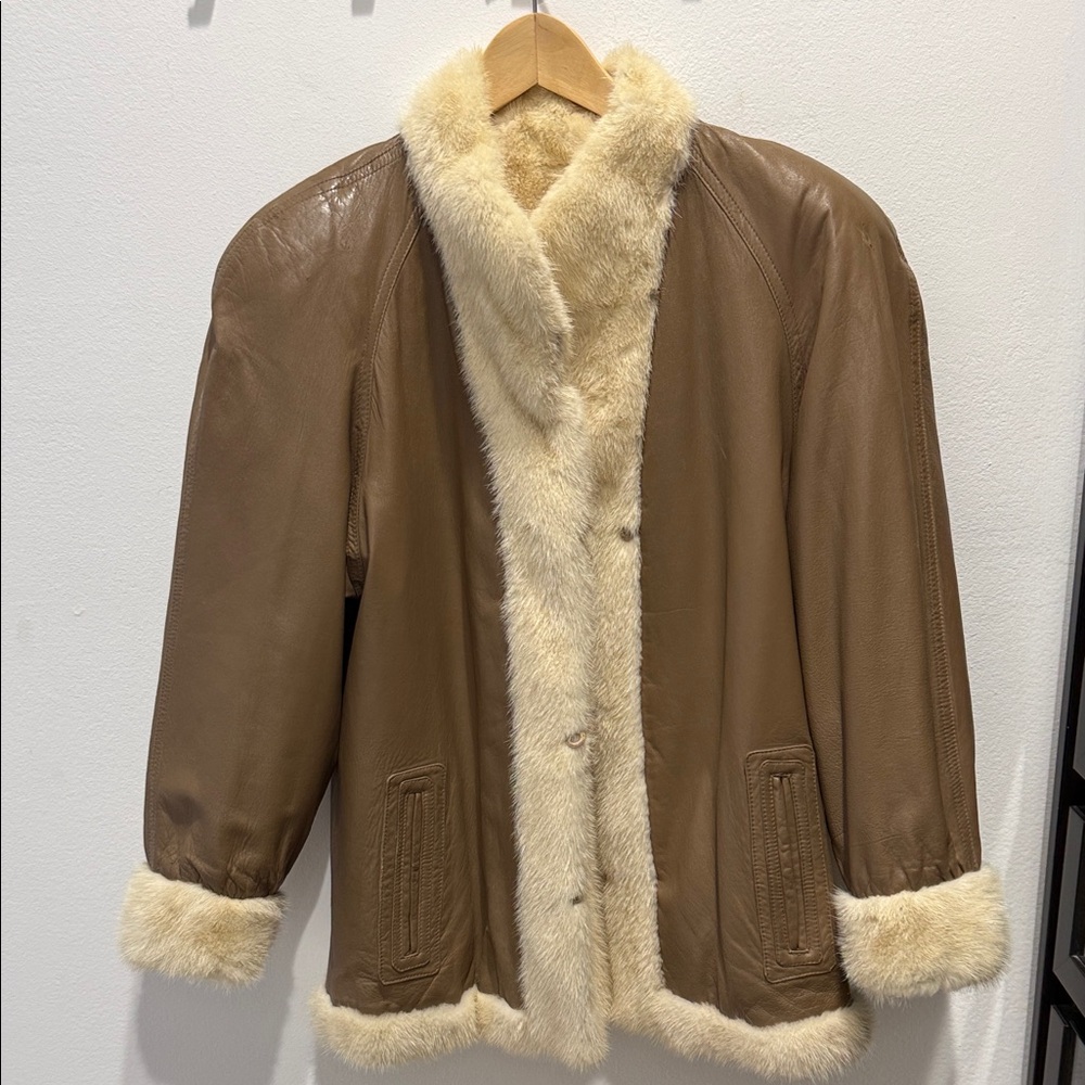 Brown Leather Jacket with Cream mink coat can wearing both side